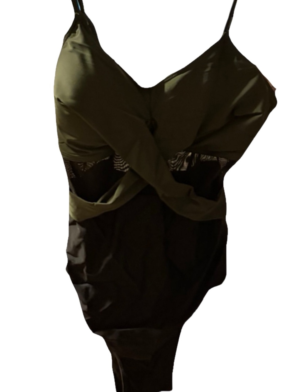 New Small Olive Green and Black One-Piece Swimsuit with Mesh Sides